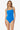 Woman wearing a blue one-piece swimsuit on a white background