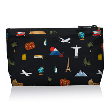 A cosmetic zipper pouch in black with world landmark pictures printed onto it on a white background