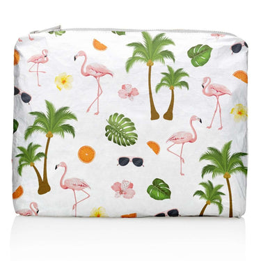 a white medium pouch with a tropical flamingo print on a white background