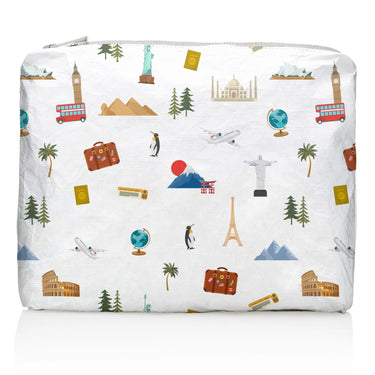 A medium white zipper pouch with world landmarks on it