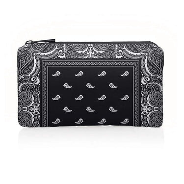 a mini zippered pouch in black bandana print on a white background