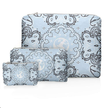 A trio set of different sized blue bandana zippered pouches