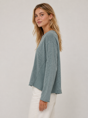 Jewel Long Sleeve Waffle Mix Top in Celes-teal by Mododoc