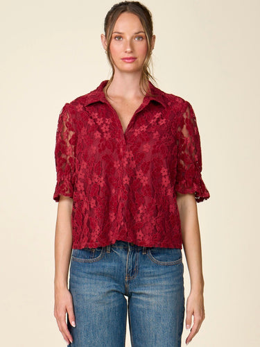 Cinched Sleeve Lace Mesh Top