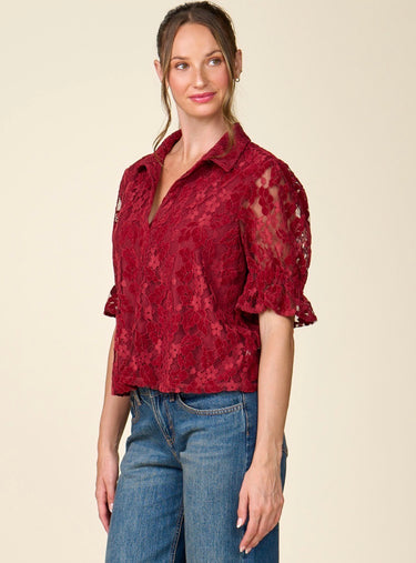 Cinched Sleeve Lace Mesh Top