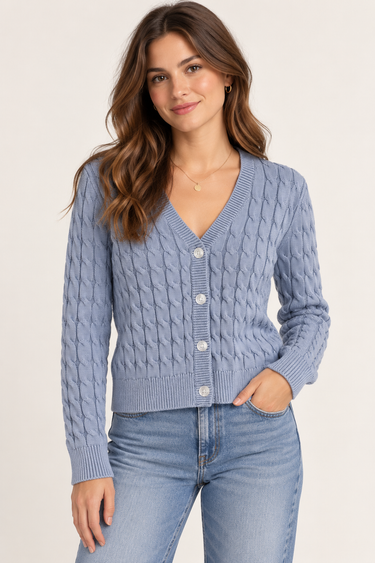 A woman wearing an acid wash cable knit cardigan in denim blue with blue jeans on a white background