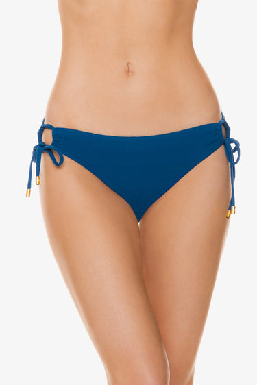 Blue bikini bottom with tie sides on a white background