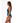 Woman wearing a teal swimsuit on a white background