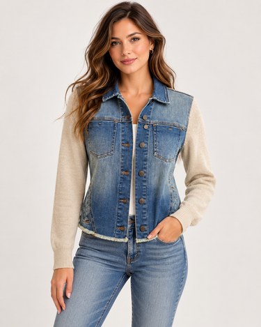a woman wearing a denim jacket with grey knit sleeves and blue jeans on a white background.