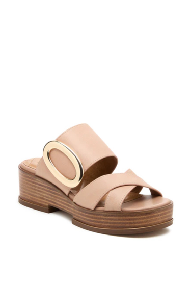 Light pink sandal with a gold buckle on a white background