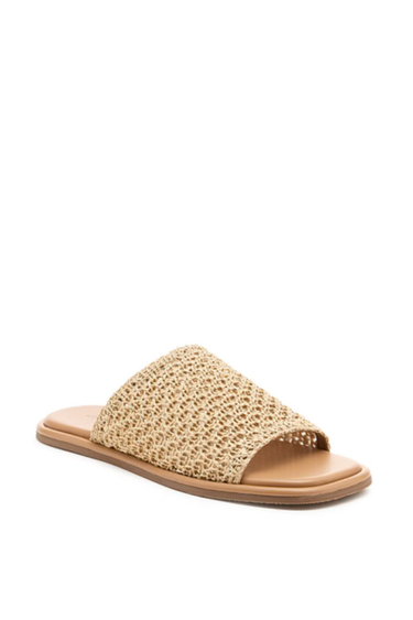 Beige woven slide sandal on a white background