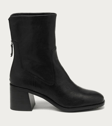 The image shows the side of a black leather heeled ankle boot on a white background