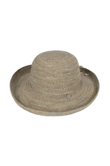 a grey upturn hat on a neutral background