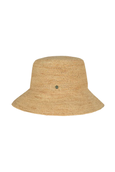 a straw bucket hat on a neutral background