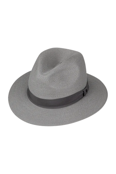 A grey fedora on a neutral background