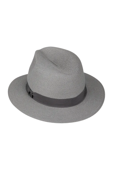 A grey fedora on a neutral background