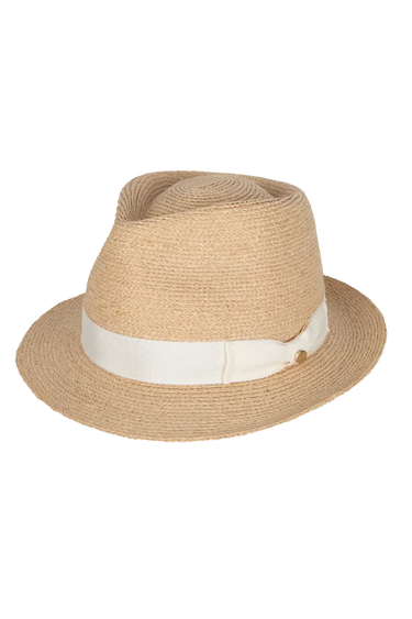 Beige straw hat with a white band on a white background