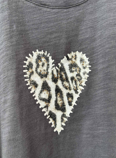Gray t-shirt with a leopard print heart design on a gray background