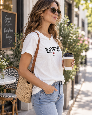 A woman wearing a white graphic t-shirt with 'LOVE' and a small rose design, paired with light blue jeans, sunglasses, and a woven straw bag, holding a coffee cup on a sunny street.