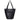a black leather tote bag with shoulder straps on a white background