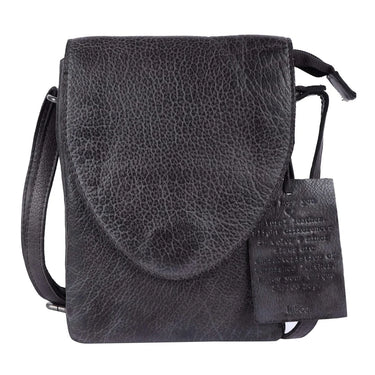 Black leather crossbody bag with rounded flap, adjustable shoulder strap, tonal stitching, and softly textured leather finish.