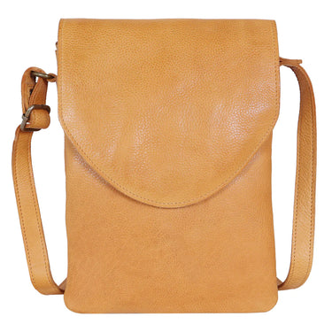 Tan leather crossbody bag on a white background