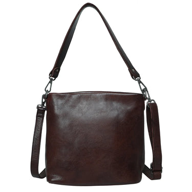 Brown leather shoulder bag with a strap on a white background