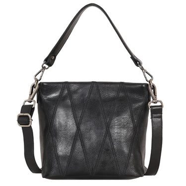 Black leather handbag with geometric pattern on a white background