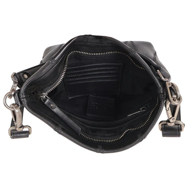 Black leather bag with silver zippers on a white background