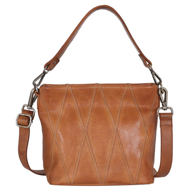 A tan leather shoulder bag with a diamond-stitched pattern on the front, featuring a top handle and an adjustable shoulder strap with silver-tone hardware, shown against a plain white background.