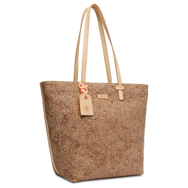 Brown embossed tote bag with beige handle on a white background