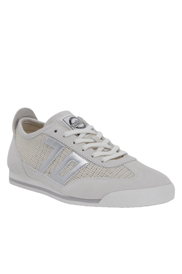 White sneaker with a silver accent on a white background