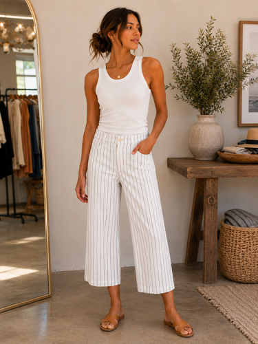 a woman wearing cropped wide leg striped cropped pants