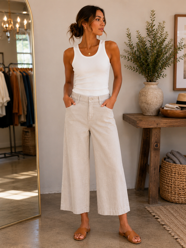 A woman wearing beige cropped wide leg pants in a store