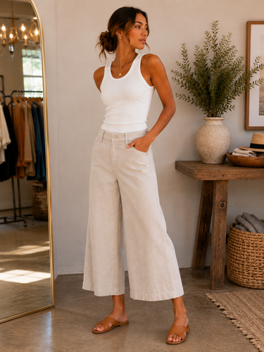 A woman stands in a boutique wearing a white sleeveless tank top and light beige wide-leg cropped pants, with brown flat sandals. A clothing rack, mirror, wooden table with a vase of greenery, and a woven basket are visible in the softly lit interior.