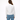 Person wearing a white denim jacket and blue jeans on a white background