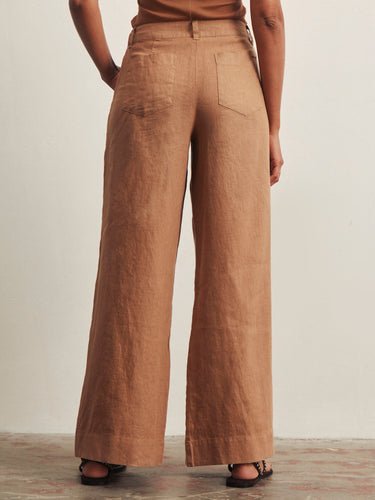 Brown wide-leg pants worn by a person on a plain background