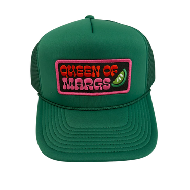 A green trucker hat with a front patch reading 'QUEEN OF MARGS' in red and pink letters with a lime wedge graphic, shown on a plain white background.
