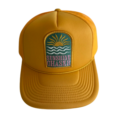 Yellow cap with 'Sunshine Chaser' logo on a white background