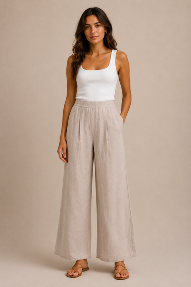 a woman wearing beige colored pleated pants and a white tank