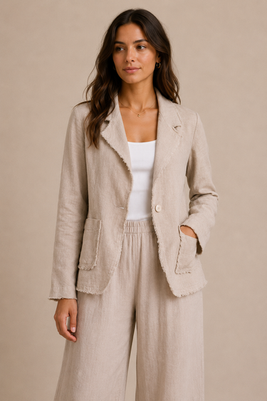 a woman wearing a raw edge blazer in sand and matching pleated pants