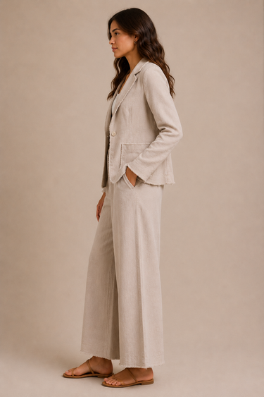 a woman wearing a raw edge blazer in sand and matching pleated pants