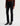 A woman wearing slim straight jeans in black with black boots and a maroon long sleeve tee on a white background.