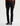 A woman facing backwards wearing slim straight jeans in black with black boots and a maroon long sleeve tee on a white background.