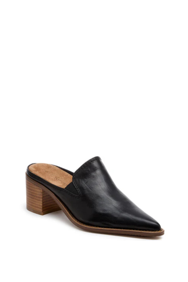 Black leather mule shoe on a white background