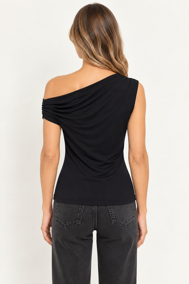 Delilah black off-the-shoulder top, back view showing gathered neckline and close-to-body silhouette