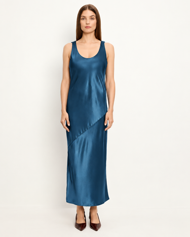 Ivana Petrol satin column dress, front view with scoop neck, sleeveless silhouette and diagonal seam