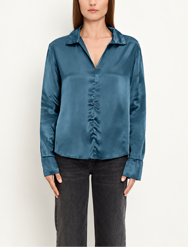 Everly satin collared top in Petrol blue-green, front view showing V-neck and gathered center detail