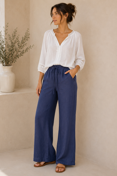 Woman wearing a white blouse and blue pants standing against a beige wall.