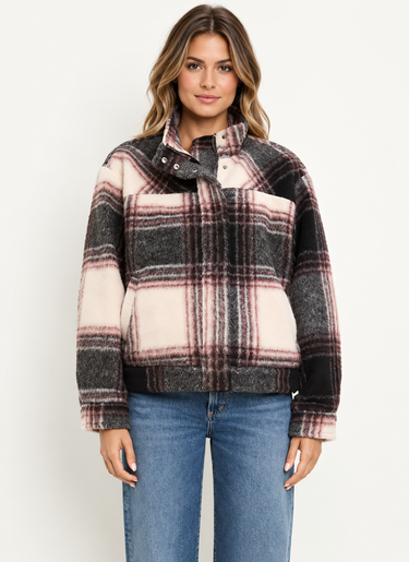 Parker Charcoal Combo plaid bomber jacket, front view with open funnel neck and blue jeans